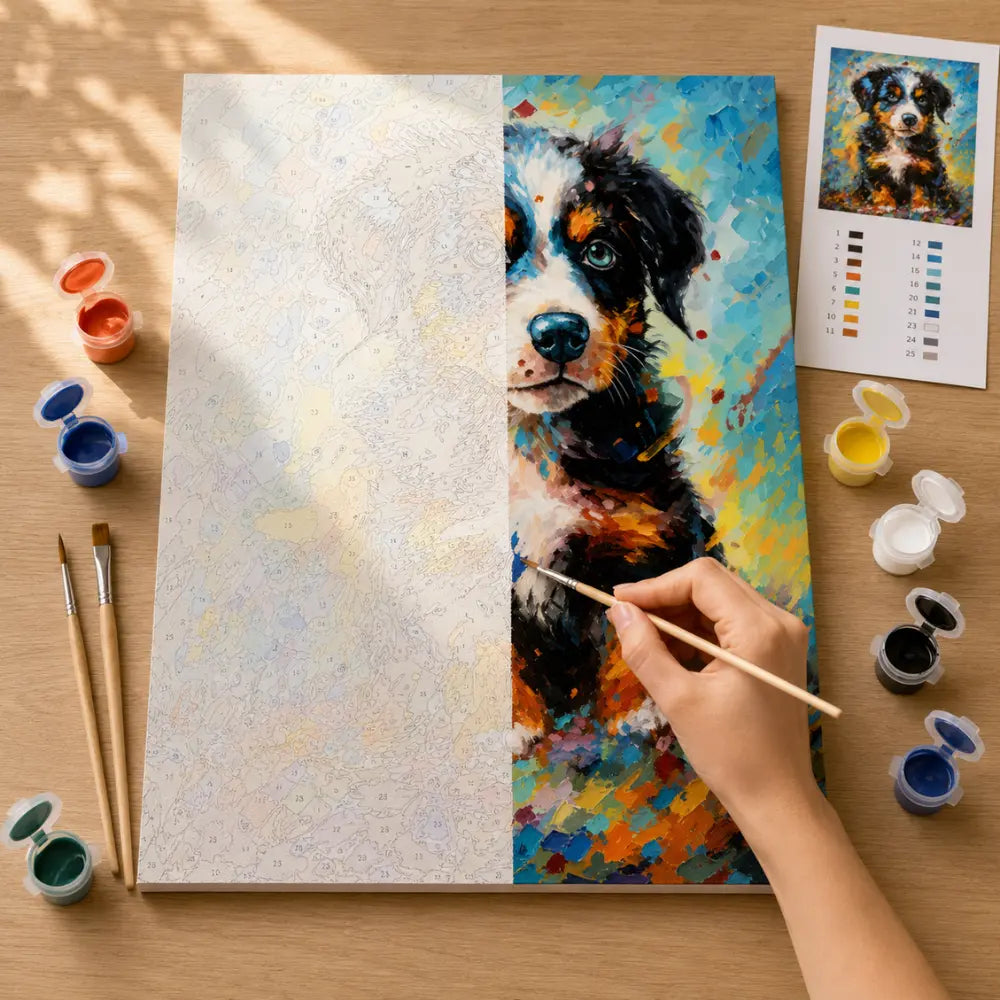 Before and after: half numbered canvas, half painted Bernese puppy artwork with hand painting