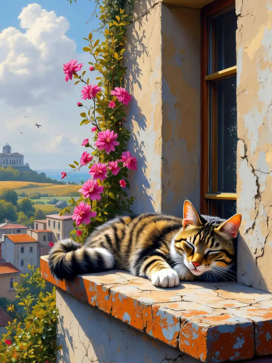 Windowsill Nap paint by numbers kit: tabby cat sleeping stone window ledge