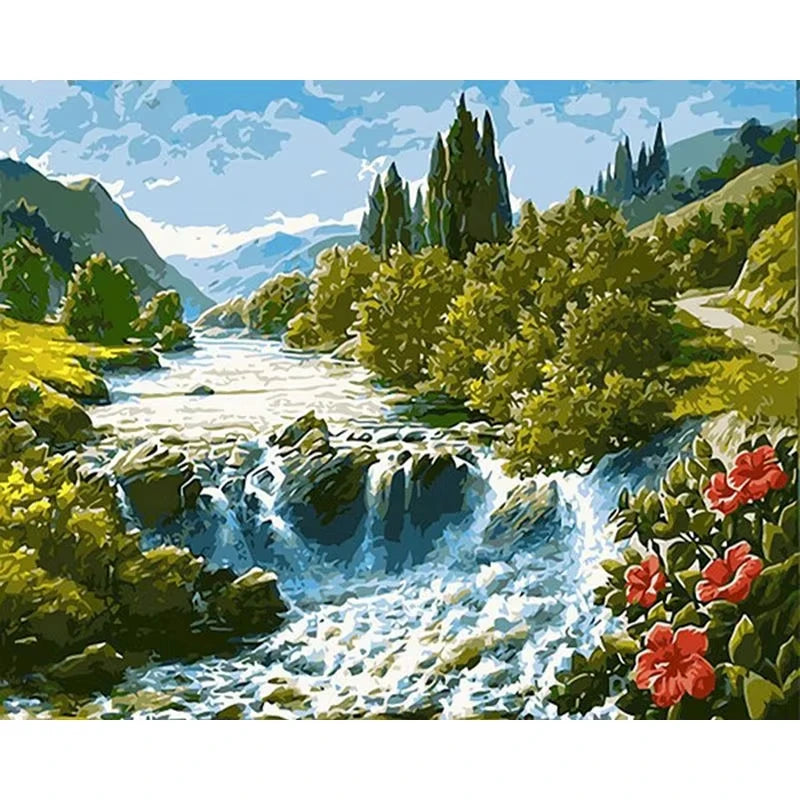 Highland Falls paint by numbers kit: mountain waterfall green valley retro