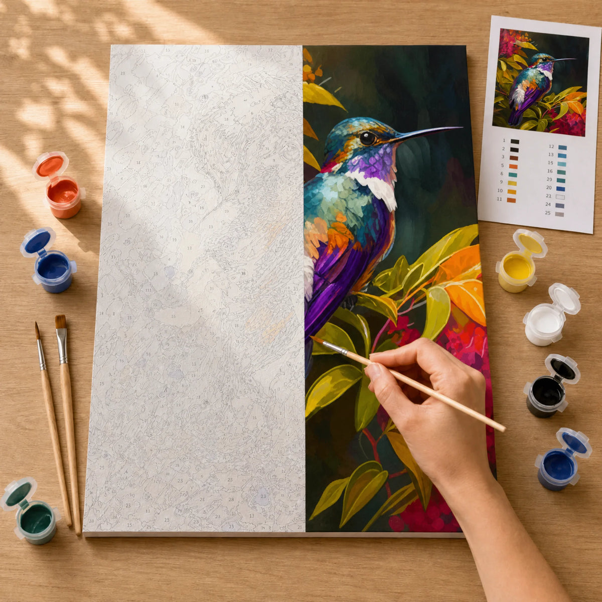 Amber Hummingbird Paint by Numbers Kit: before and after: numbered canvas and hand painted result
