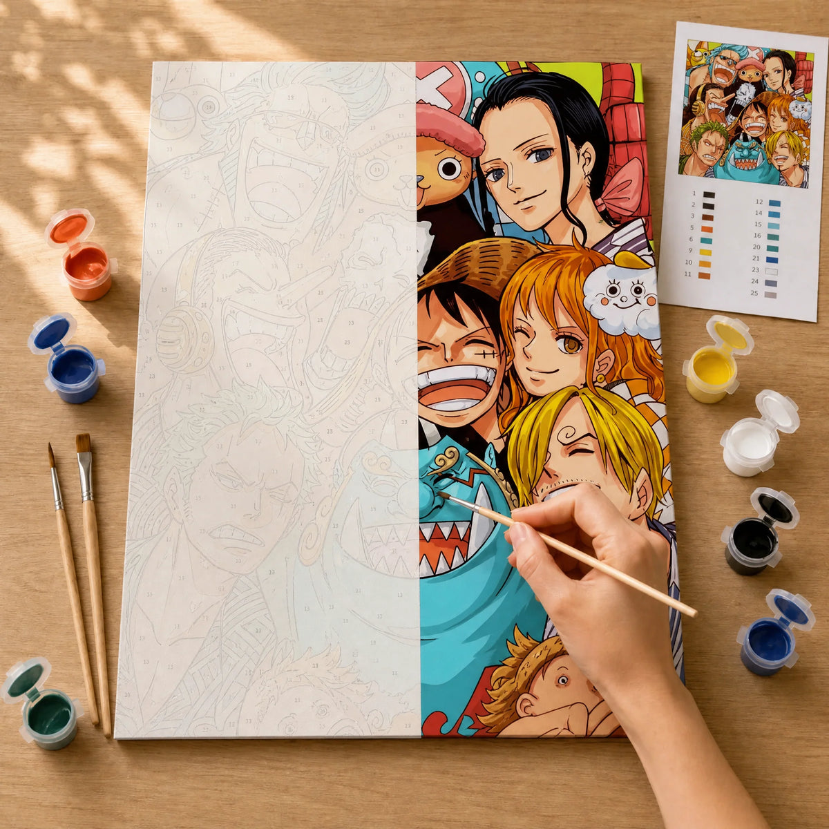 Anime Crew Paint by Numbers Kit: before and after: numbered canvas and hand painted result