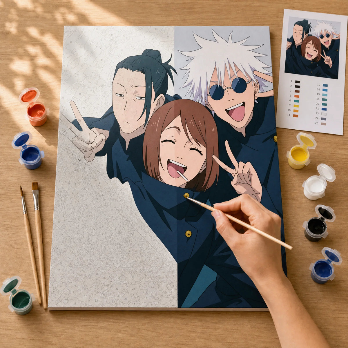 Anime Friends Paint by Numbers Kit: before and after: numbered canvas and hand painted result