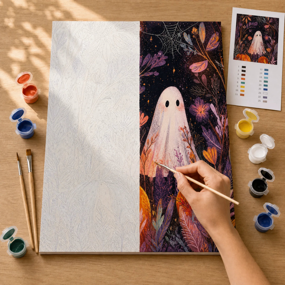 Autumn Ghost Paint by Numbers Kit: before and after: numbered canvas and hand painted result