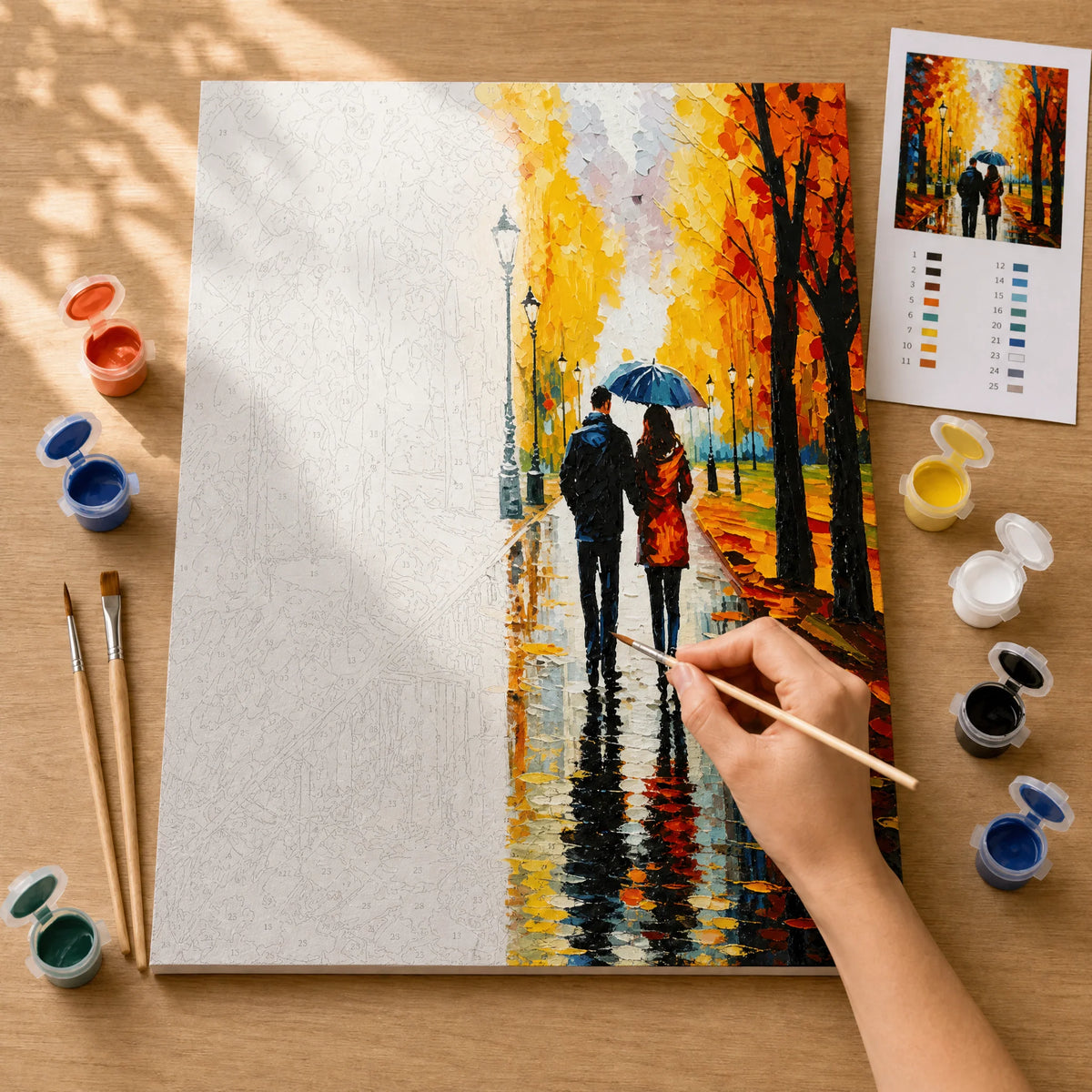 Autumn Rain Walk Paint by Numbers Kit: before and after: numbered canvas and hand painted result