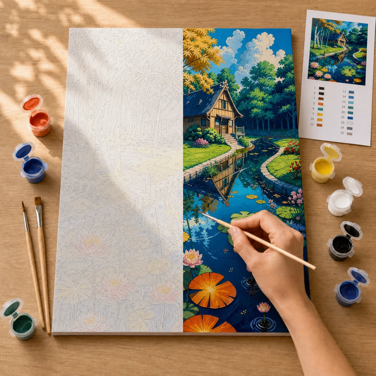 Birch River Cottage Paint by Numbers Kit: before and after: numbered canvas and hand painted result