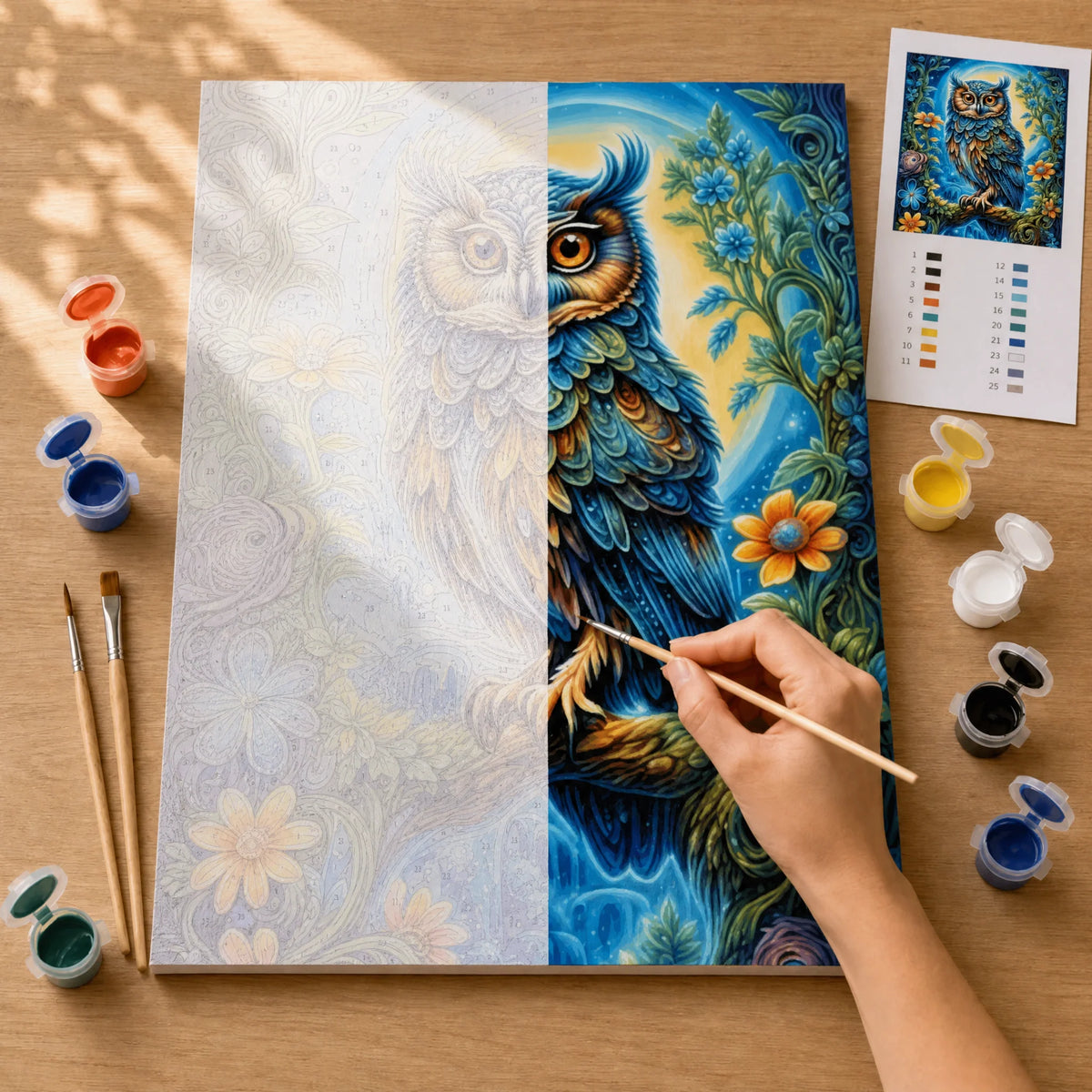 Bohemian Owl Paint by Numbers Kit: before and after: numbered canvas and hand painted result