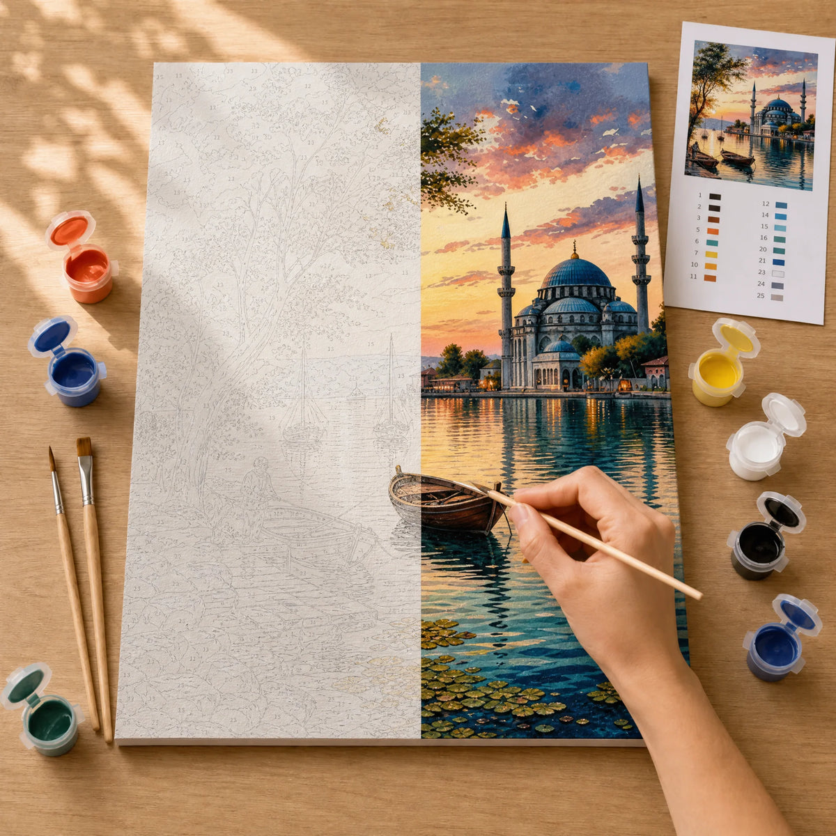 Bosphorus Sunset Paint by Numbers Kit: before and after: numbered canvas and hand painted result