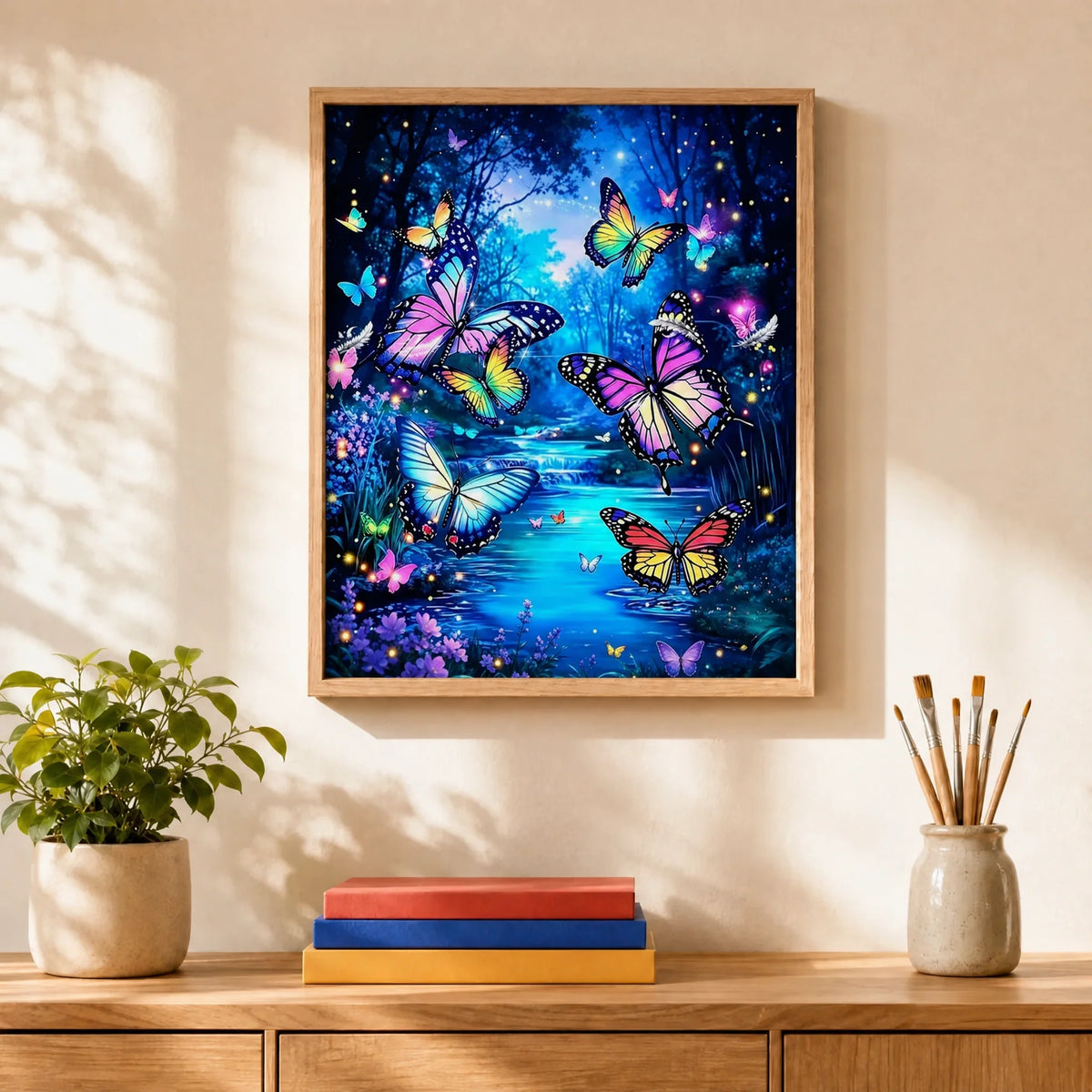 Butterfly Glow Pond Paint by Numbers Kit: finished canvas displayed in a living room