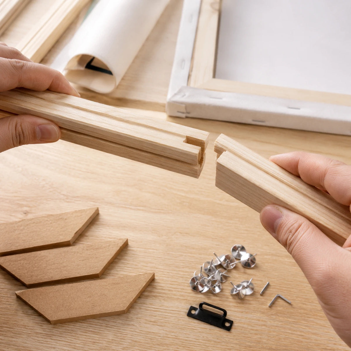 hands assembling the slot together corner of the pine stretcher bars | DIY Wooden Canvas Stretcher Frame