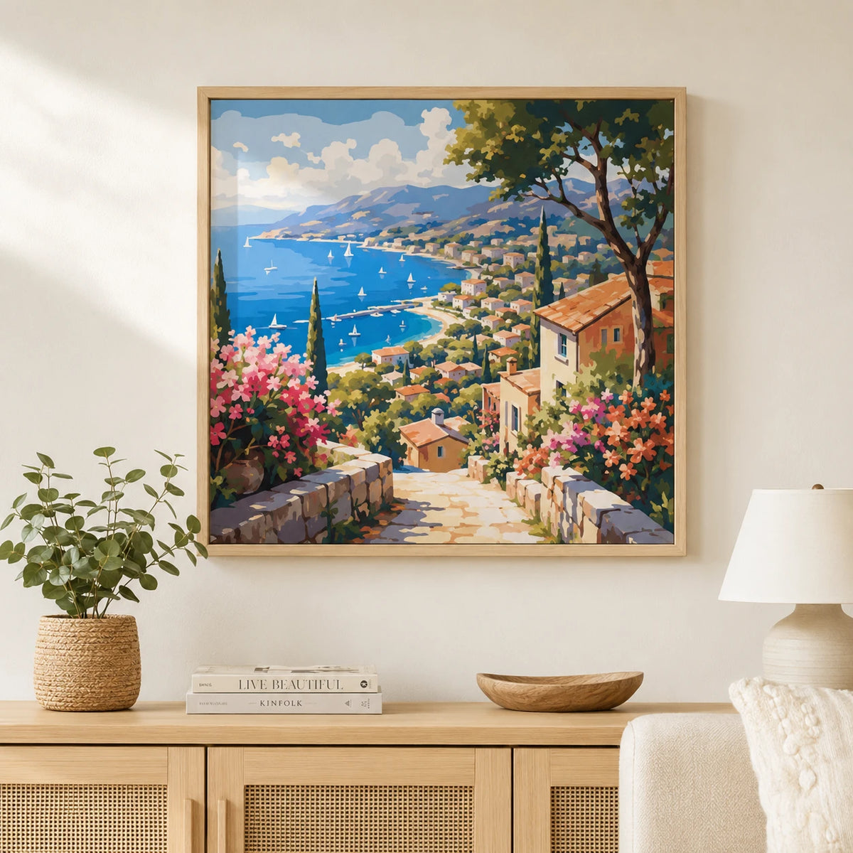 stretched canvas artwork hanging in a living room above a sideboard | DIY Wooden Canvas Stretcher Frame