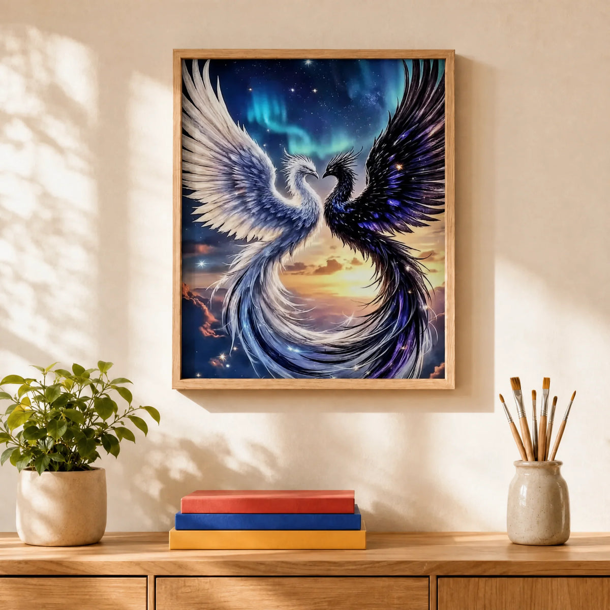 Celestial Phoenix Paint by Numbers Kit: finished canvas displayed in a living room