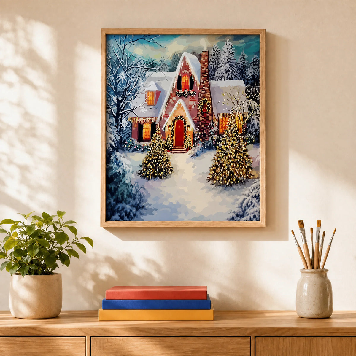 Cozy Christmas House Paint by Numbers Kit: finished canvas displayed in a living room