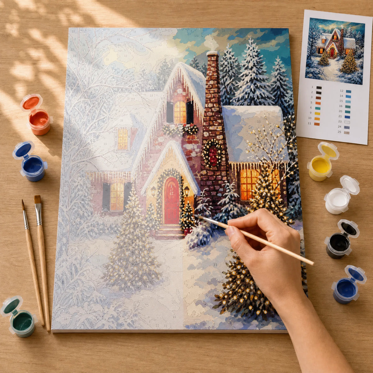Cozy Christmas House Paint by Numbers Kit: before and after: numbered canvas and hand painted result