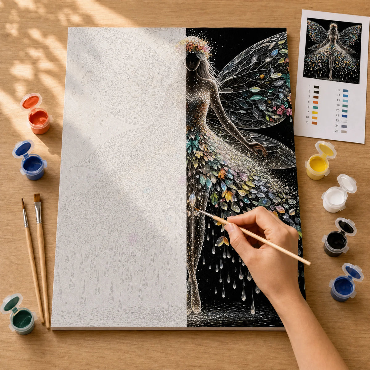 Crystal Fairy Paint by Numbers Kit: before and after: numbered canvas and hand painted result