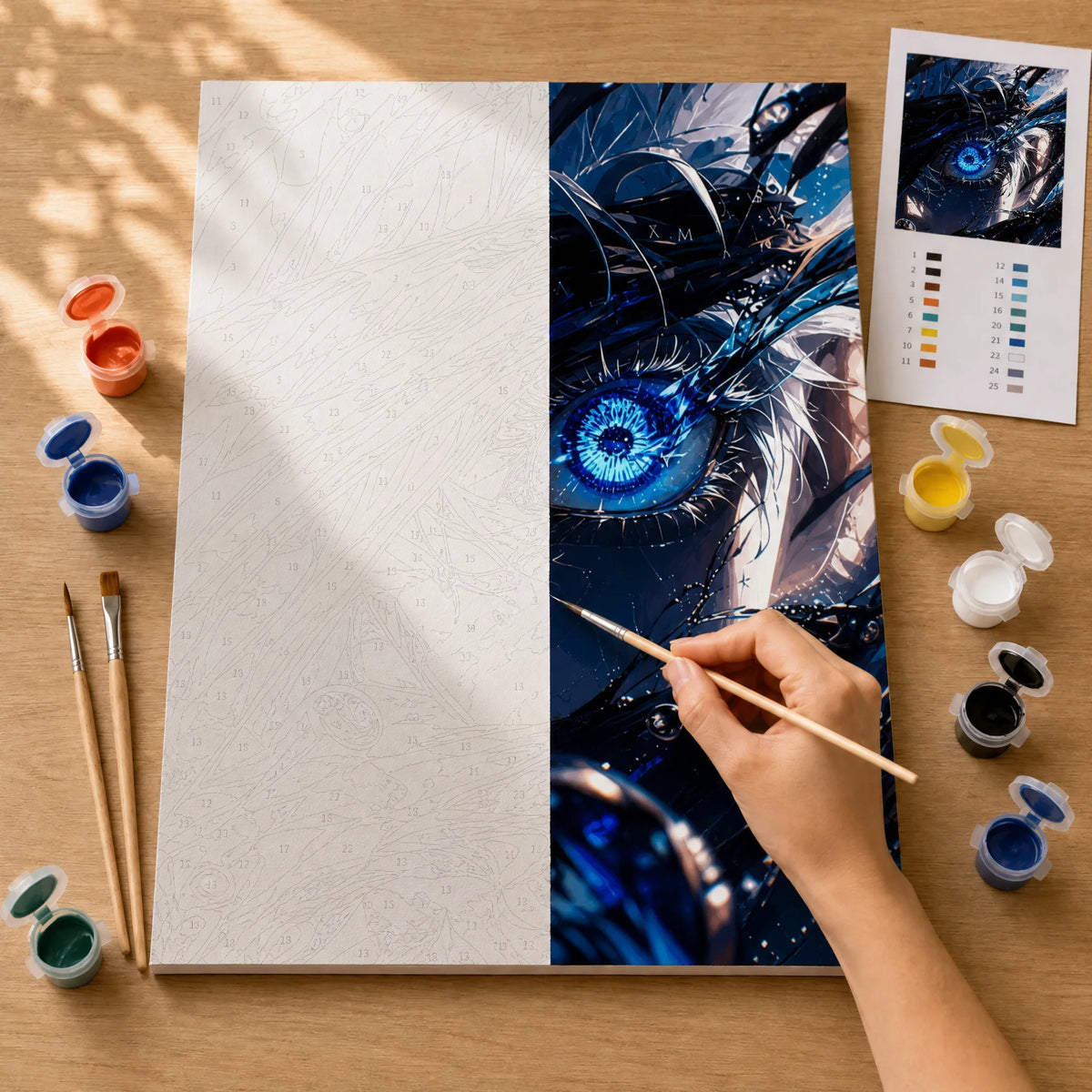 Cursed Eye Paint by Numbers Kit: before and after: numbered canvas and hand painted result