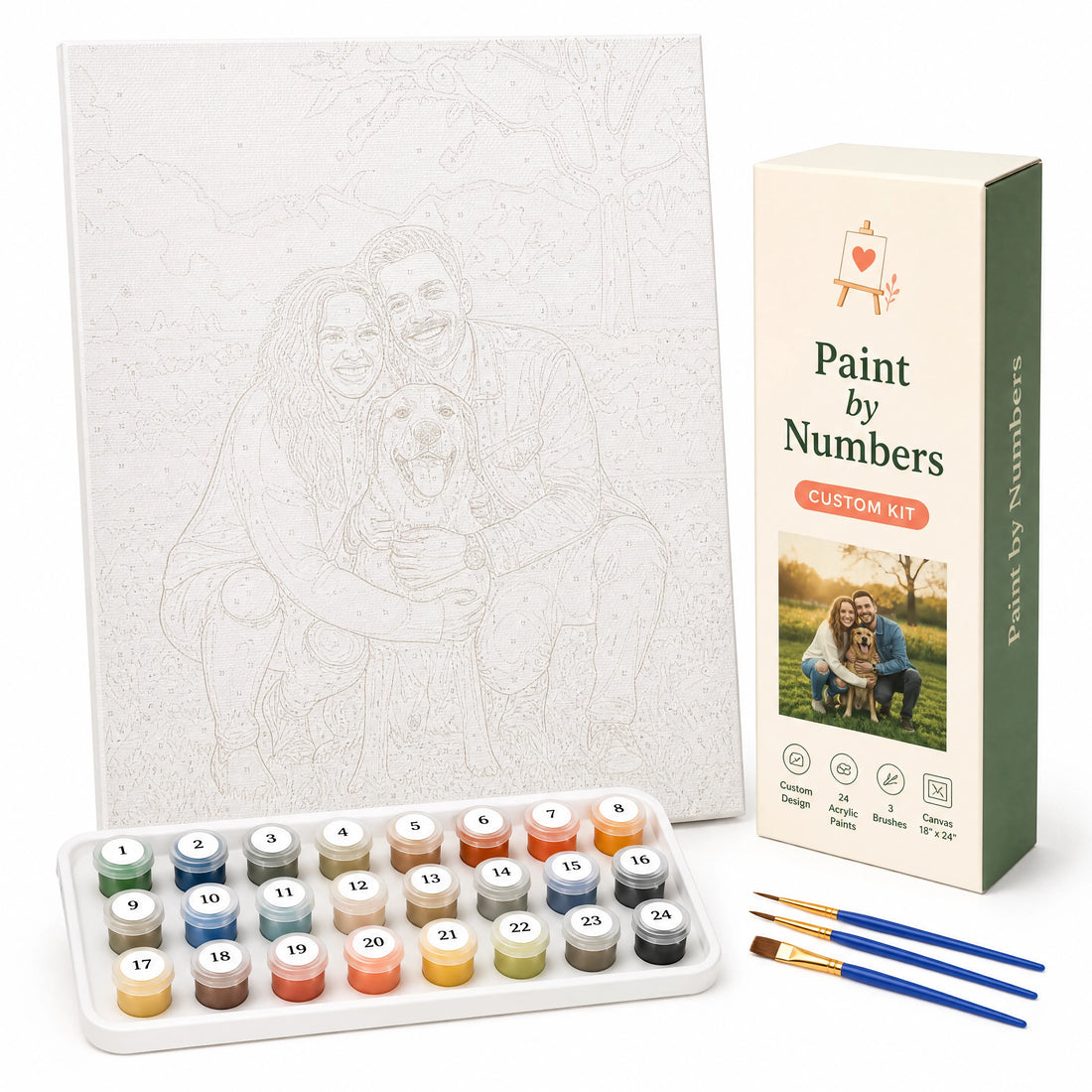 custom paint by numbers kit: personalized numbered canvas, paints and brushes on white background | Custom Paint by Numbers Canvas