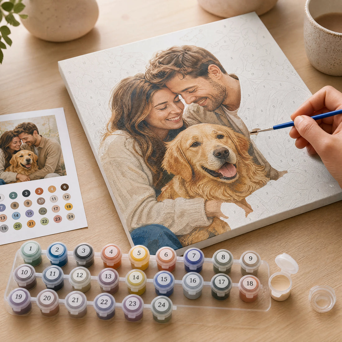hand painting a personalized couple and dog numbered canvas | Custom Paint by Numbers Canvas