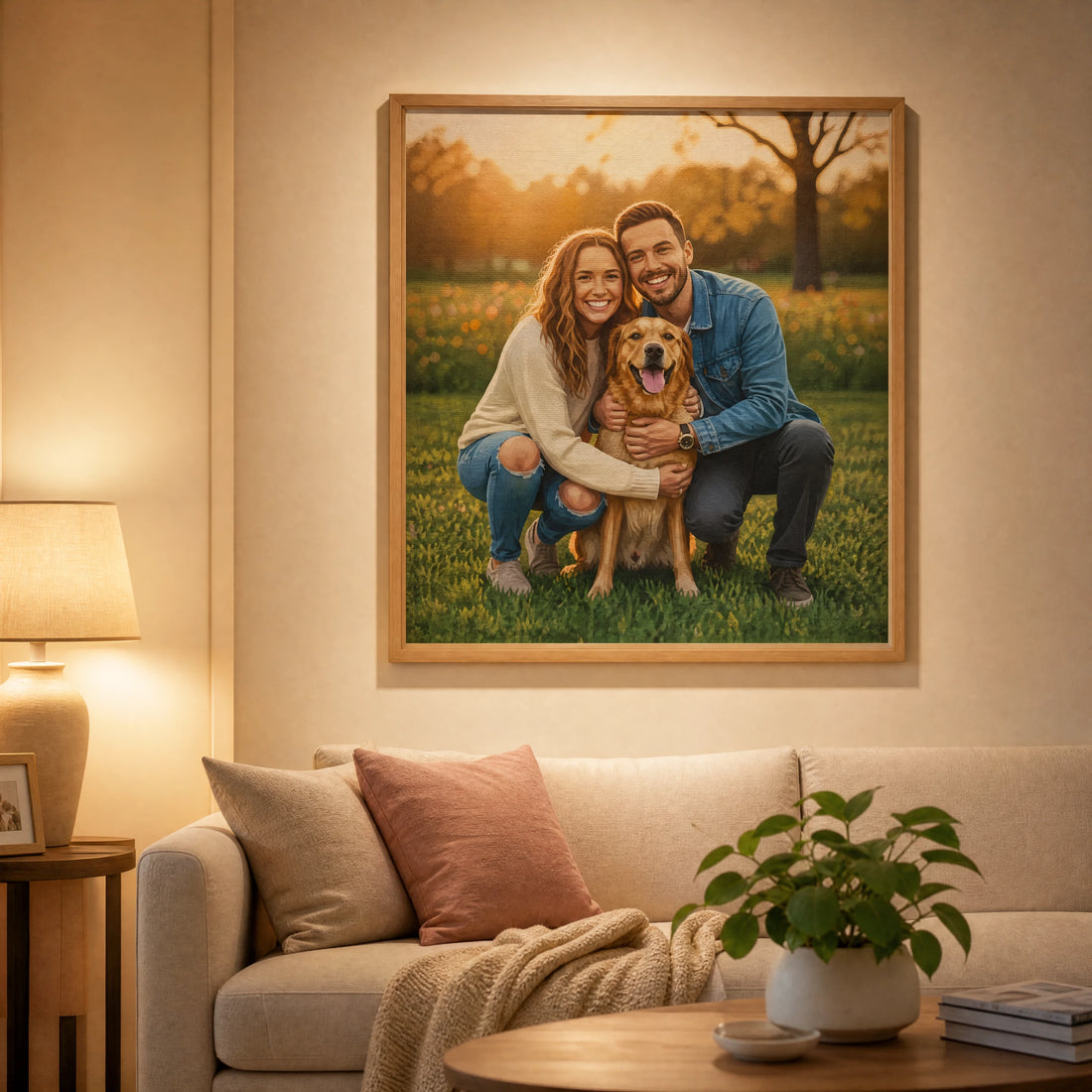framed finished custom paint by numbers canvas above a sofa | Custom Paint by Numbers Canvas