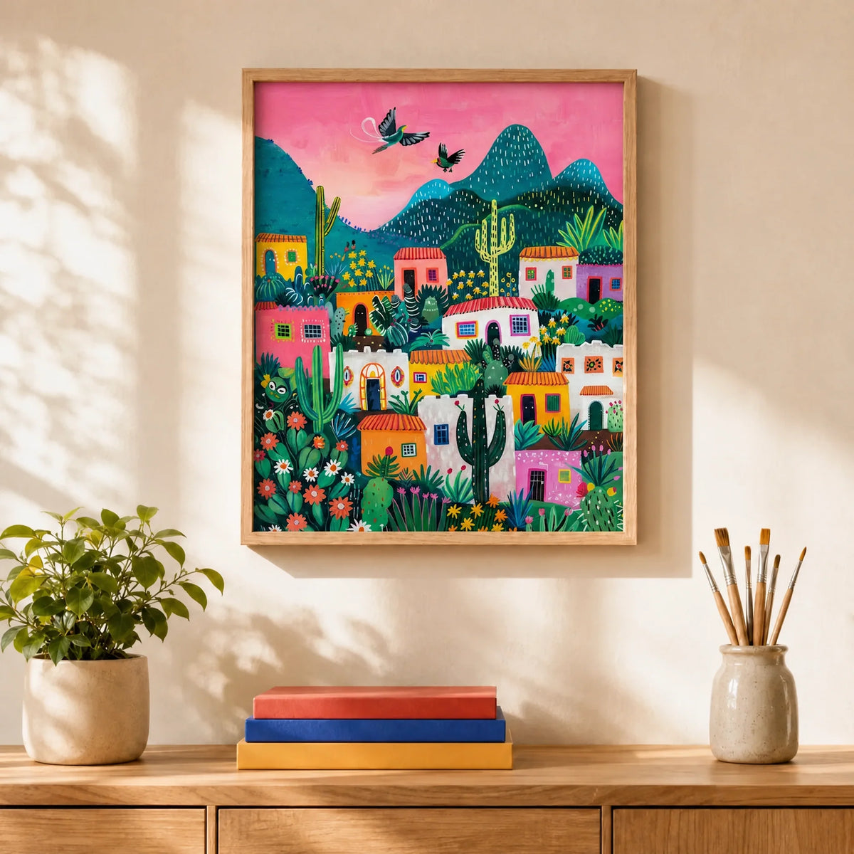 Desert Folk Village Paint by Numbers Kit: finished canvas displayed in a living room