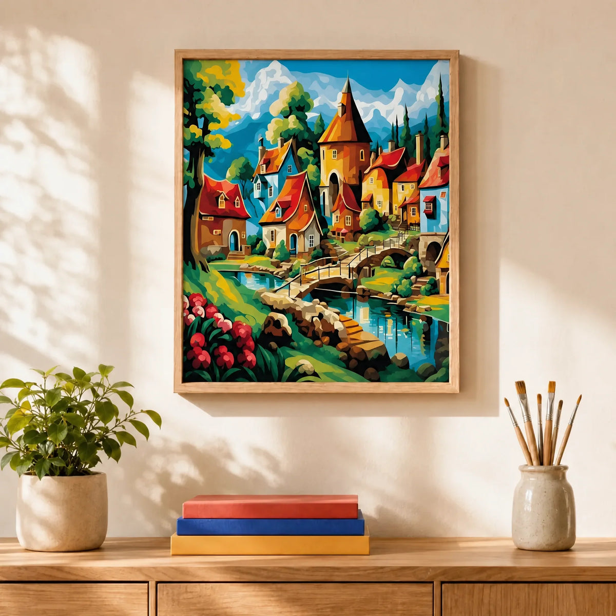 Fairytale Village Paint by Numbers Kit: finished canvas displayed in a living room