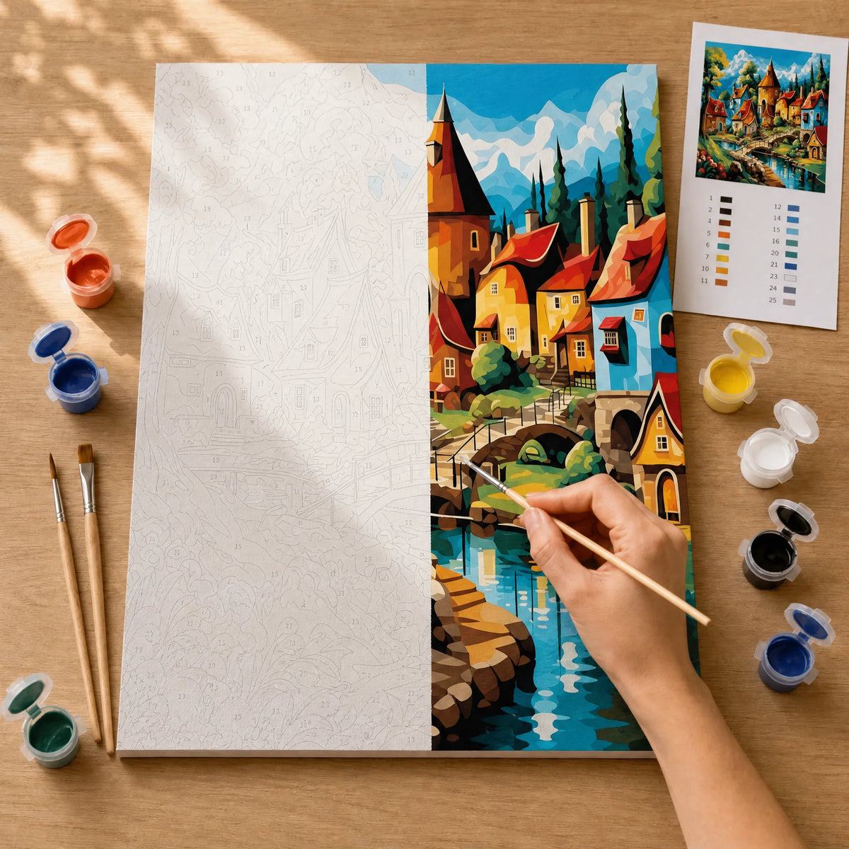 Fairytale Village Paint by Numbers Kit: before and after: numbered canvas and hand painted result