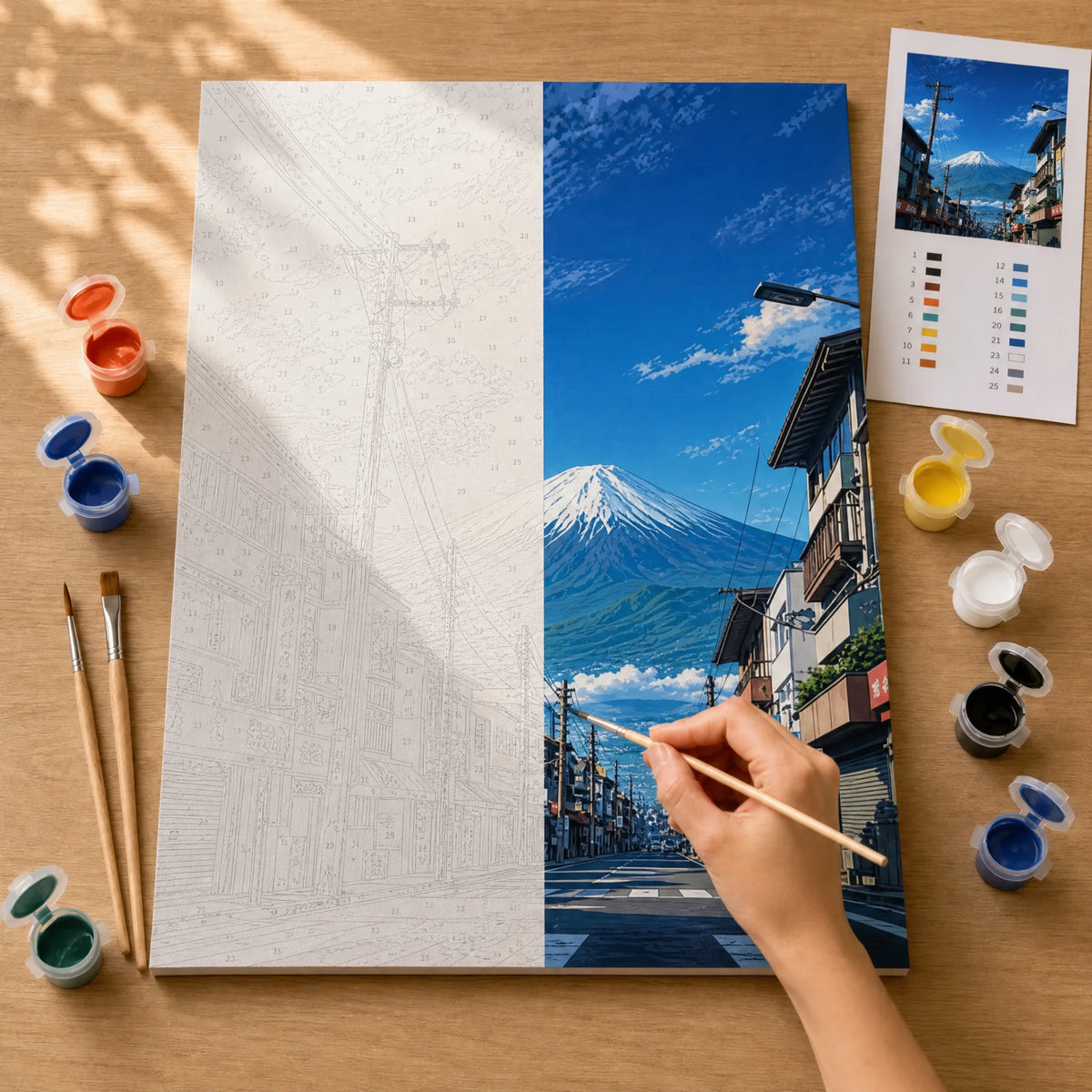 Fuji Street View Paint by Numbers Kit: before and after: numbered canvas and hand painted result