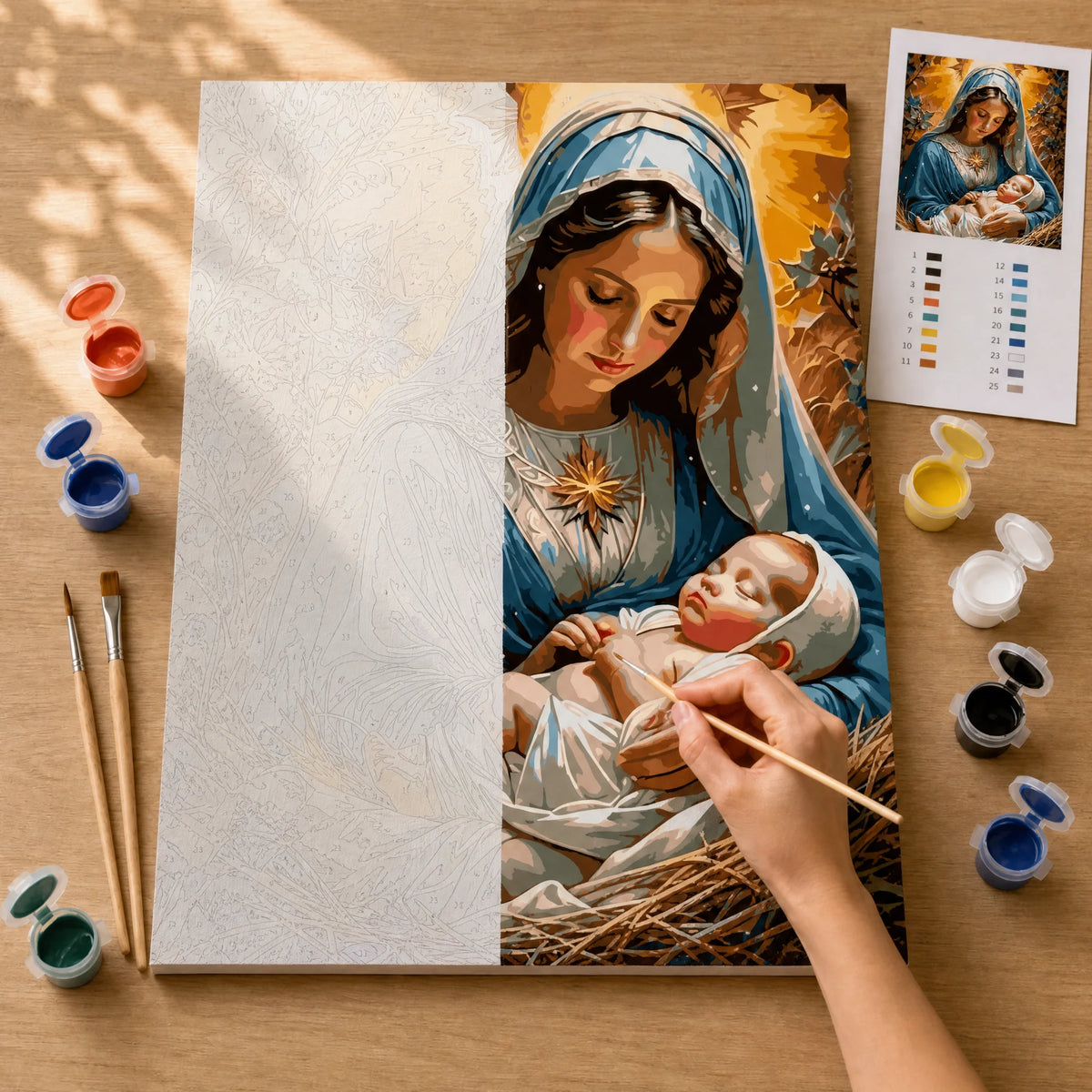 Gentle Mother Paint by Numbers Kit: before and after: numbered canvas and hand painted result