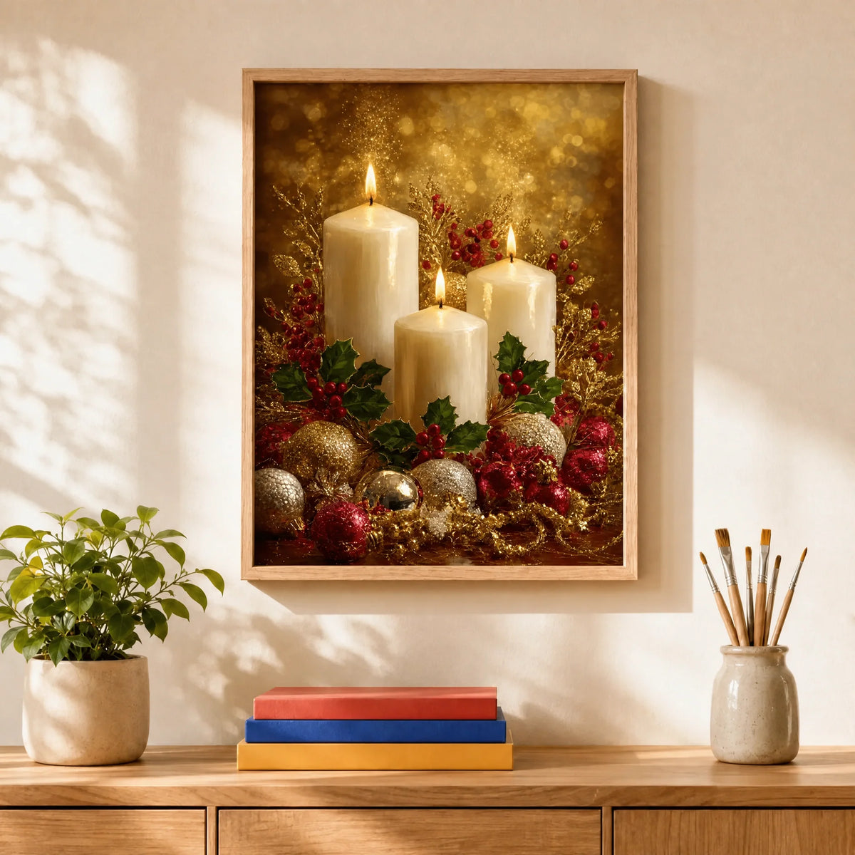 Golden Candlelight Paint by Numbers Kit: finished canvas displayed in a living room