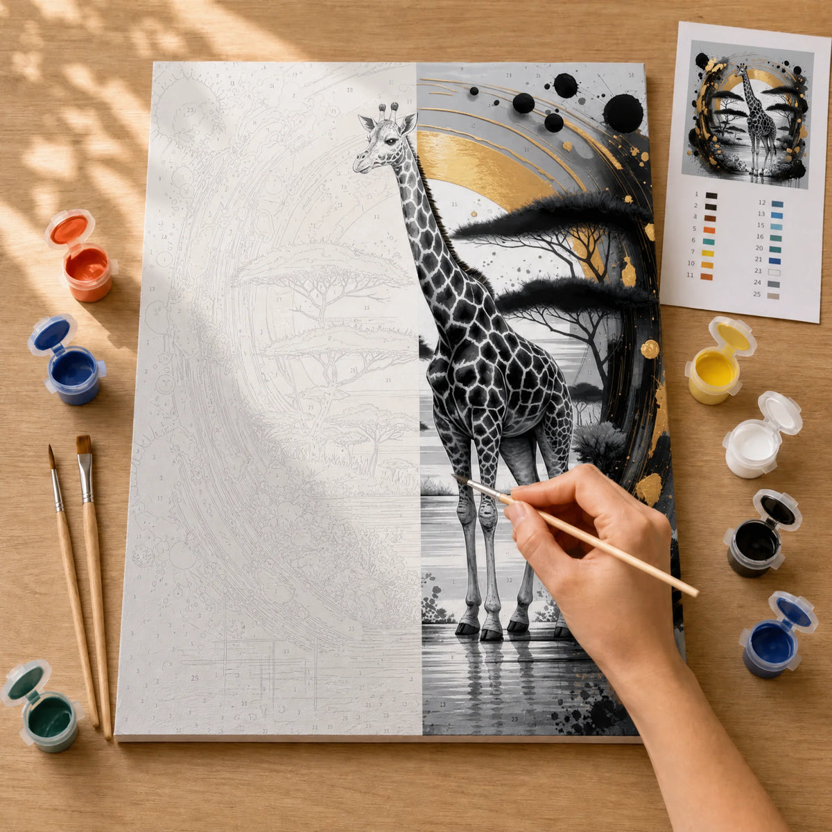 Golden Ink Giraffe Paint by Numbers Kit: before and after: numbered canvas and hand painted result