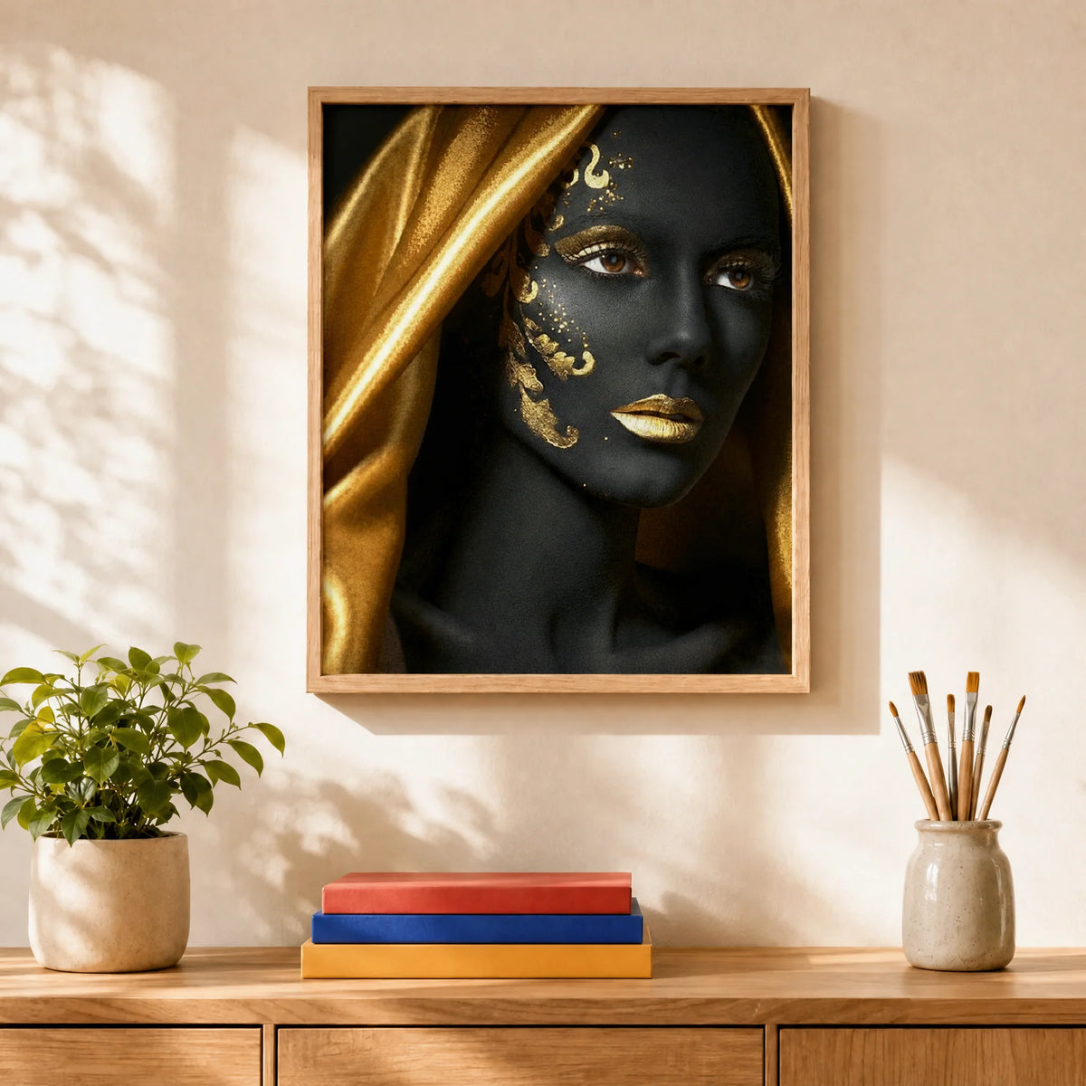 Golden Veil Paint by Numbers Kit: finished canvas displayed in a living room