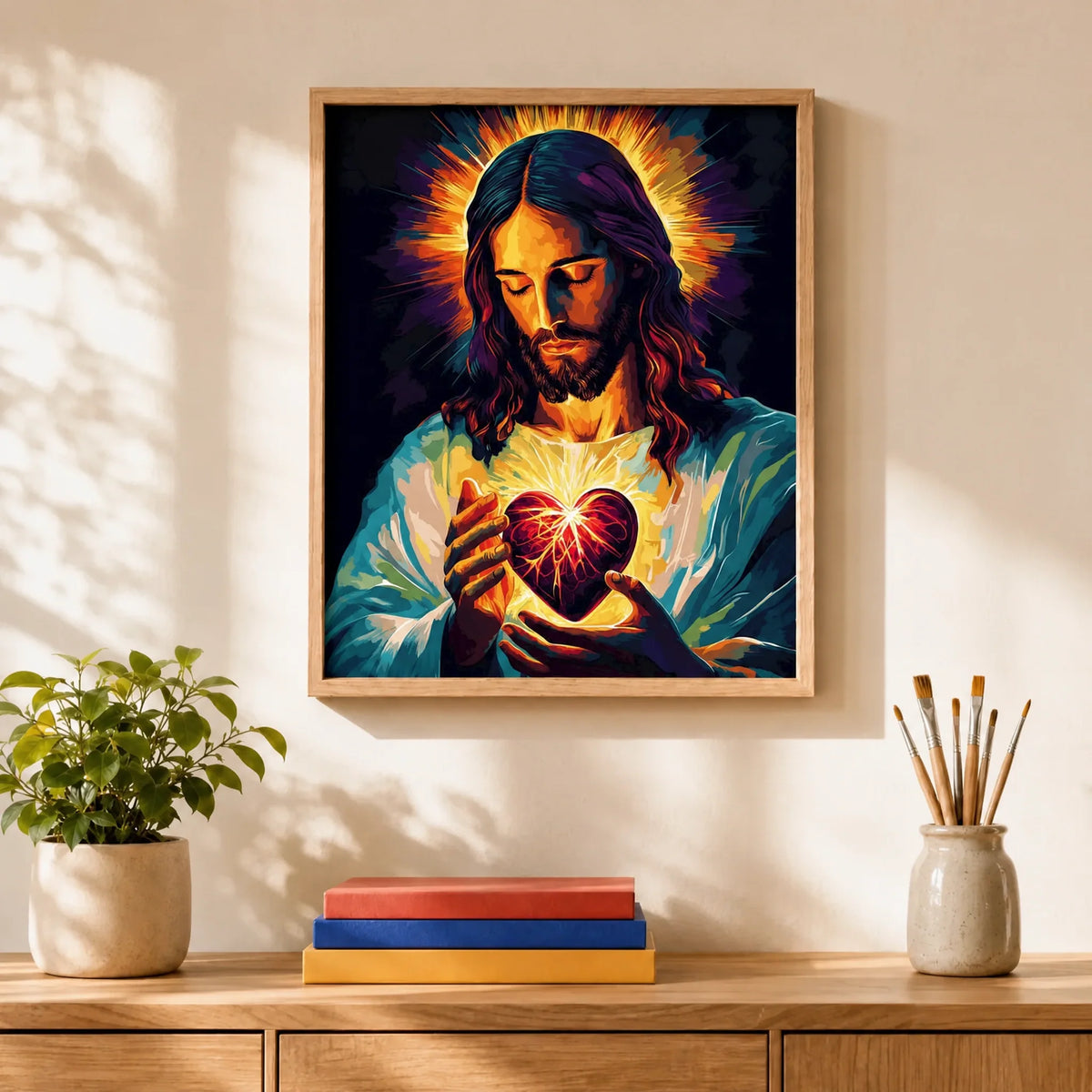 Heart of Christ Paint by Numbers Kit: finished canvas displayed in a living room