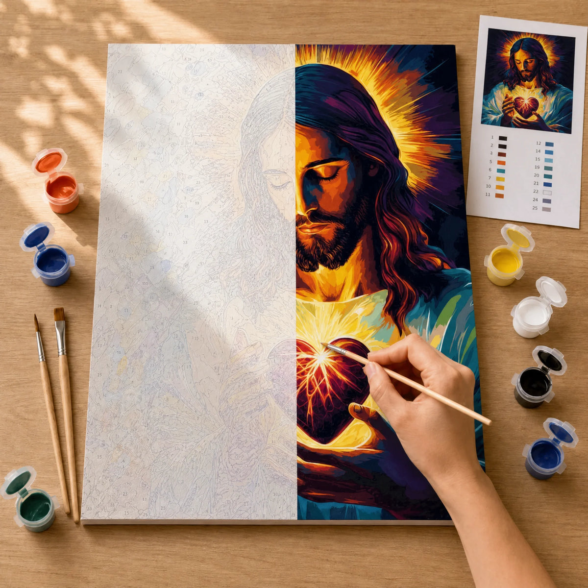 Heart of Christ Paint by Numbers Kit: before and after: numbered canvas and hand painted result