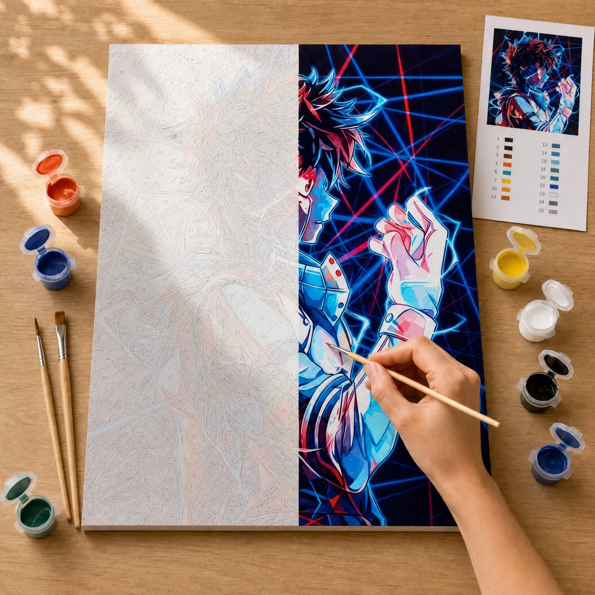 Hero Neon Paint by Numbers Kit: before and after: numbered canvas and hand painted result