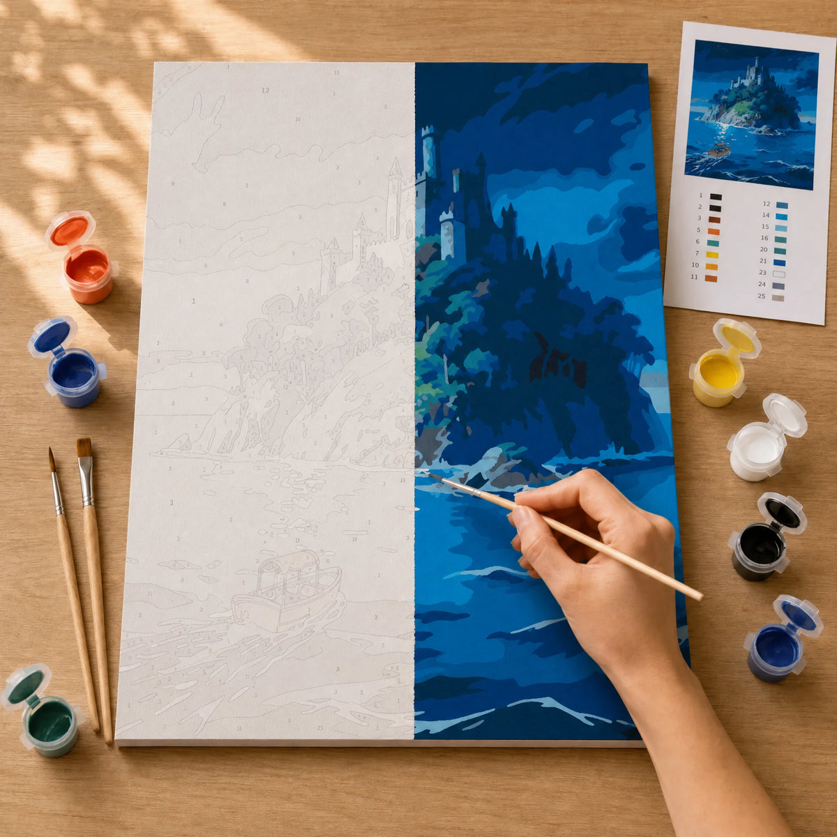 Island Castle Paint by Numbers Kit: before and after: numbered canvas and hand painted result