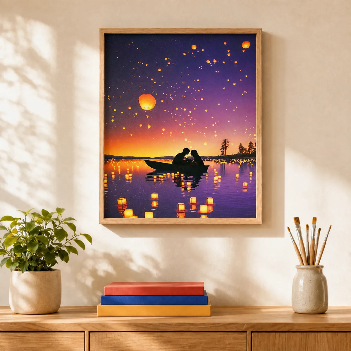 Lantern Night Lovers Paint by Numbers Kit: finished canvas displayed in a living room