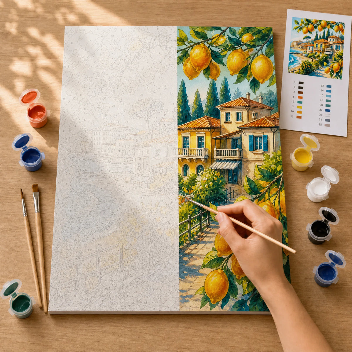 Lemon Riviera Paint by Numbers Kit: before and after: numbered canvas and hand painted result