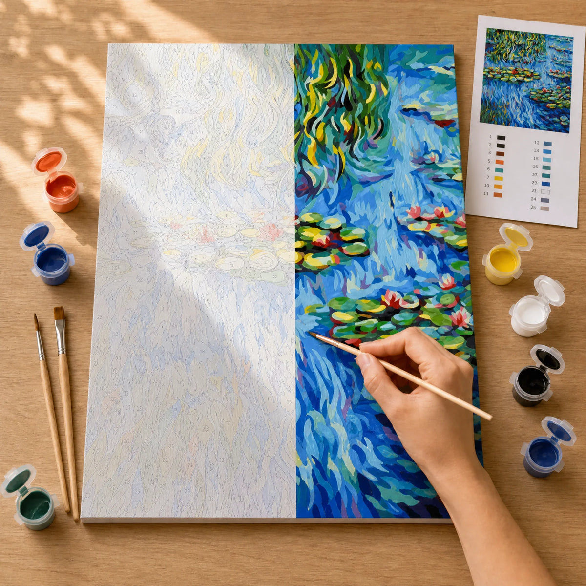Lily Pond Impressions Paint by Numbers Kit: before and after: numbered canvas and hand painted result