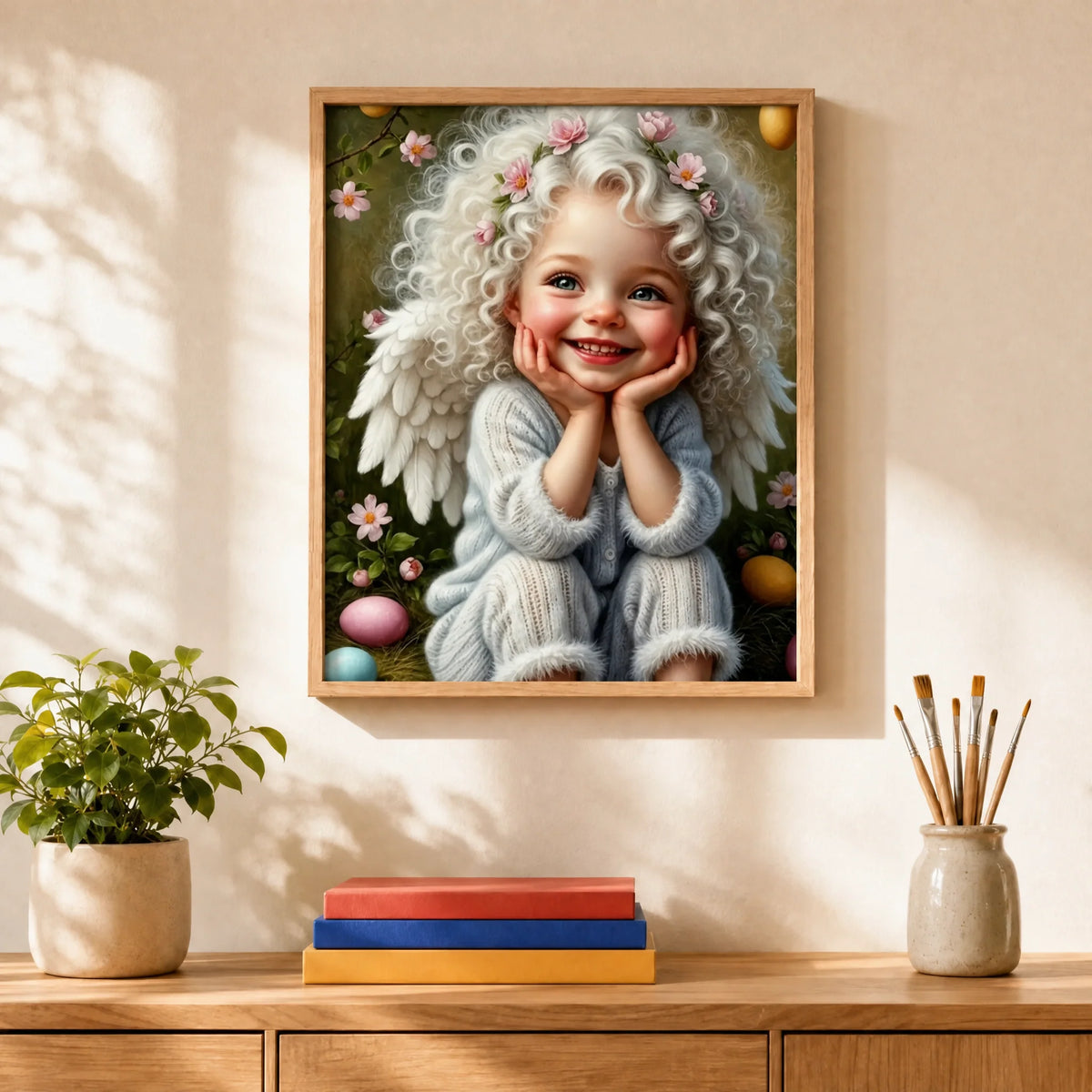 Little Angel Paint by Numbers Kit: finished canvas displayed in a living room