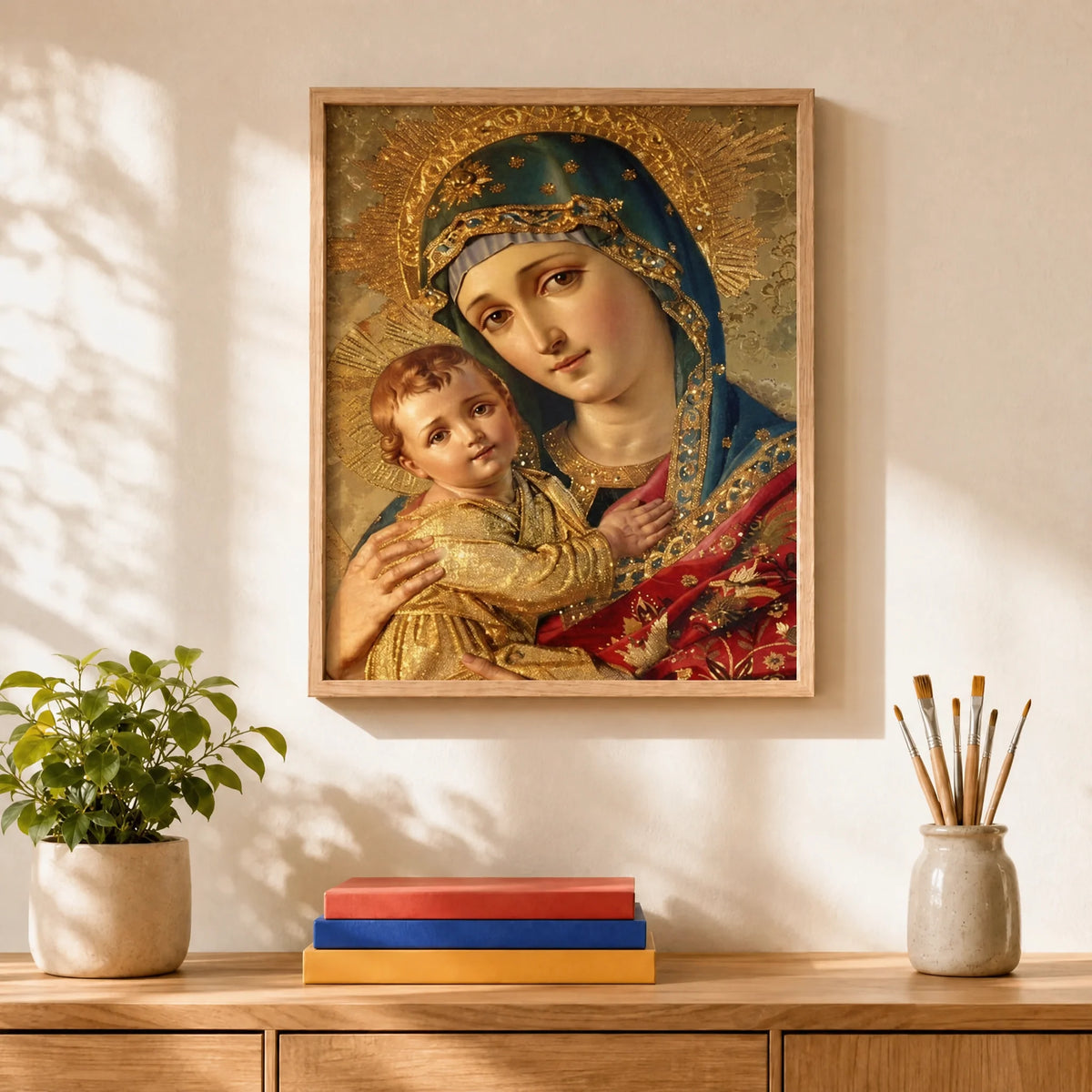 Madonna and Child Paint by Numbers Kit: finished canvas displayed in a living room
