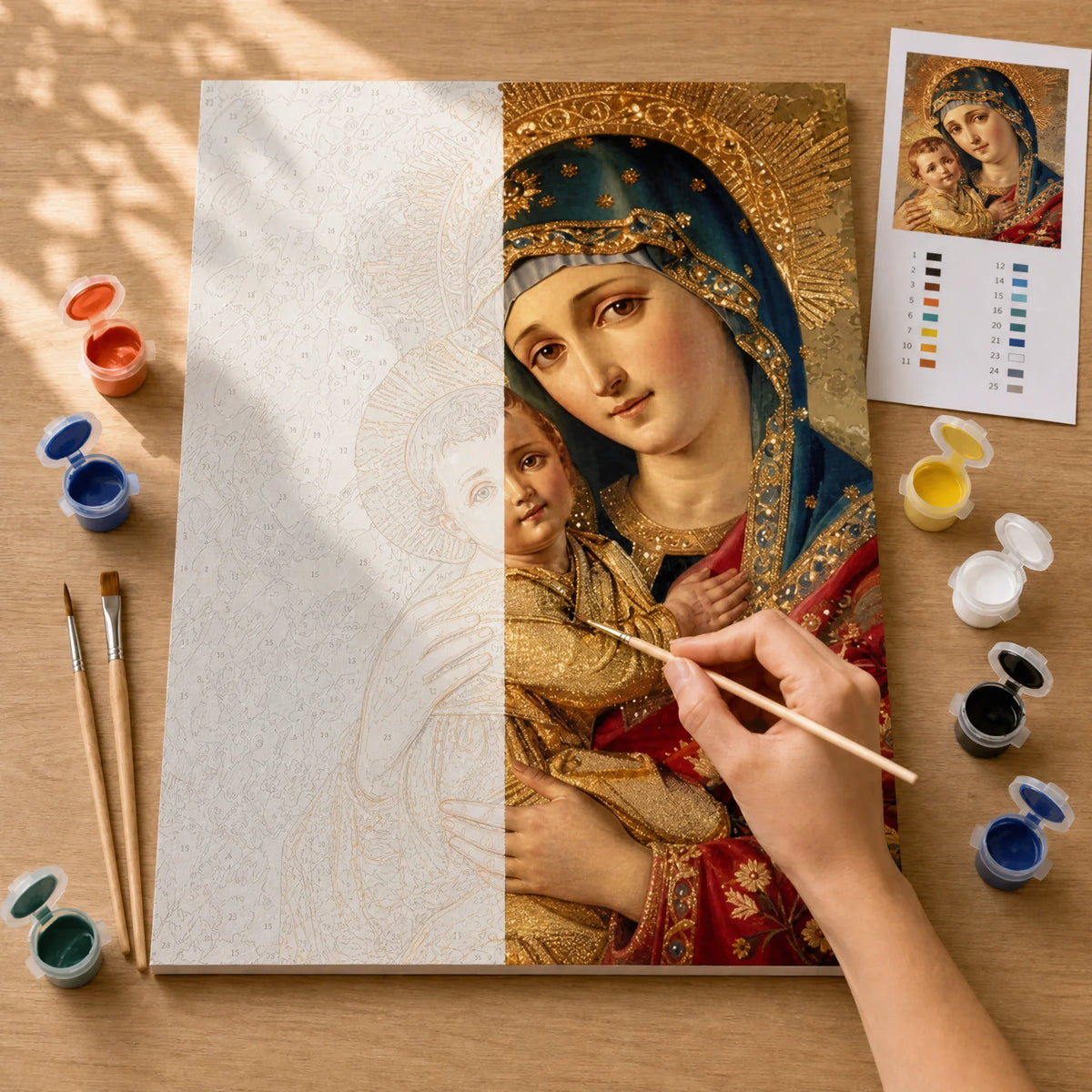 Madonna and Child Paint by Numbers Kit: before and after: numbered canvas and hand painted result