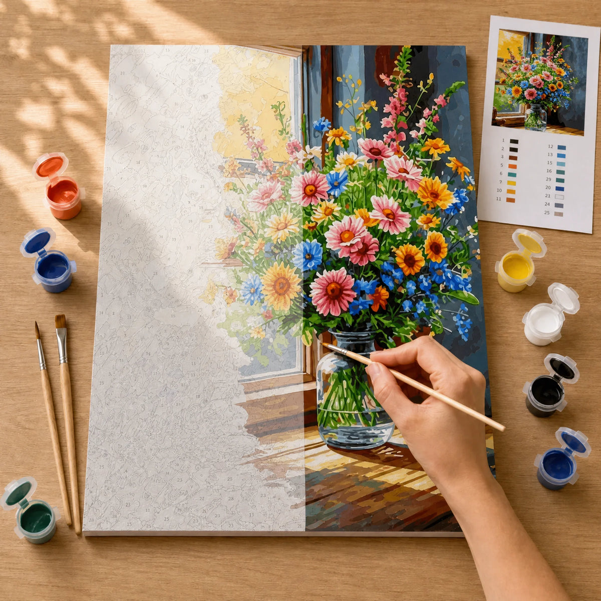 Morning Bouquet Paint by Numbers Kit: before and after: numbered canvas and hand painted result