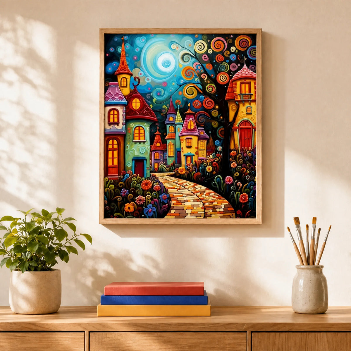 Mosaic Village Night Paint by Numbers Kit: finished canvas displayed in a living room