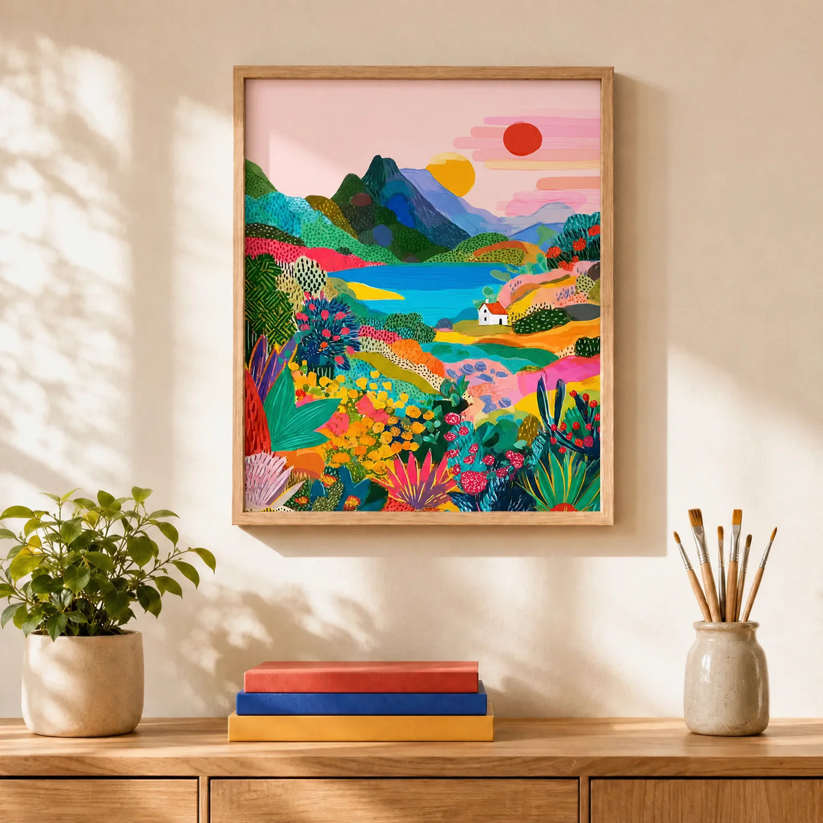 Naive Sunrise Hills Paint by Numbers Kit: finished canvas displayed in a living room