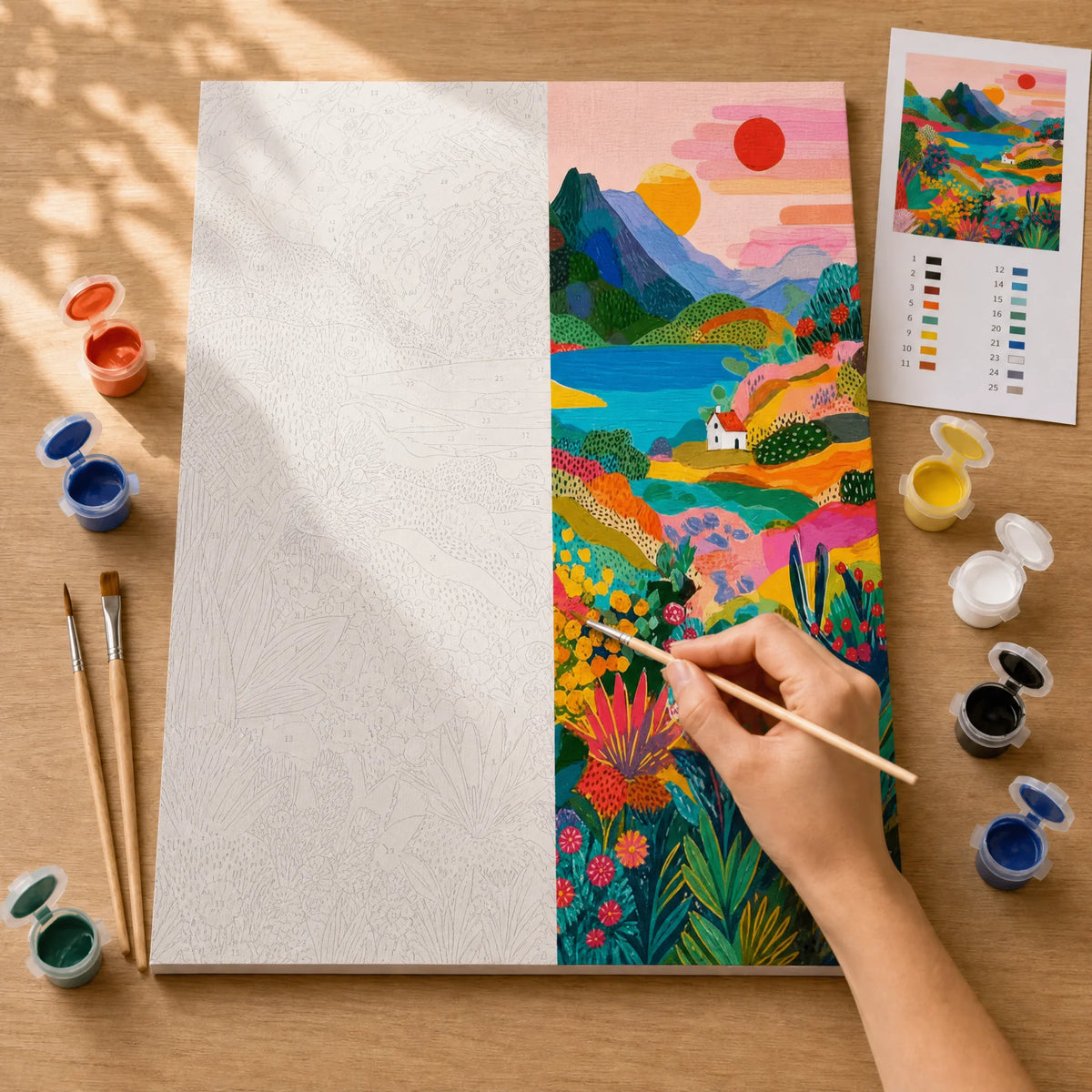 Naive Sunrise Hills Paint by Numbers Kit: before and after: numbered canvas and hand painted result