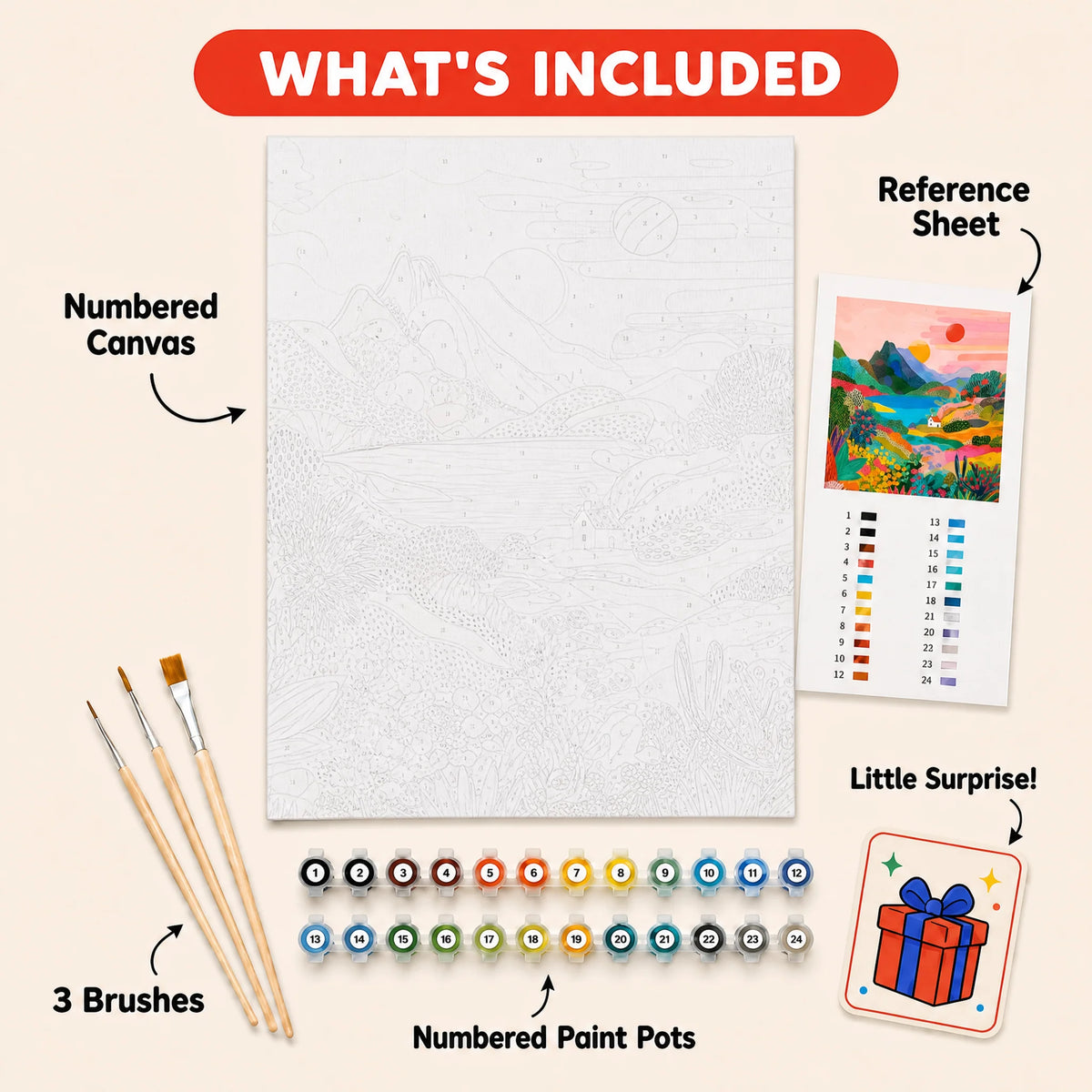 Naive Sunrise Hills Paint by Numbers Kit: everything included in the kit
