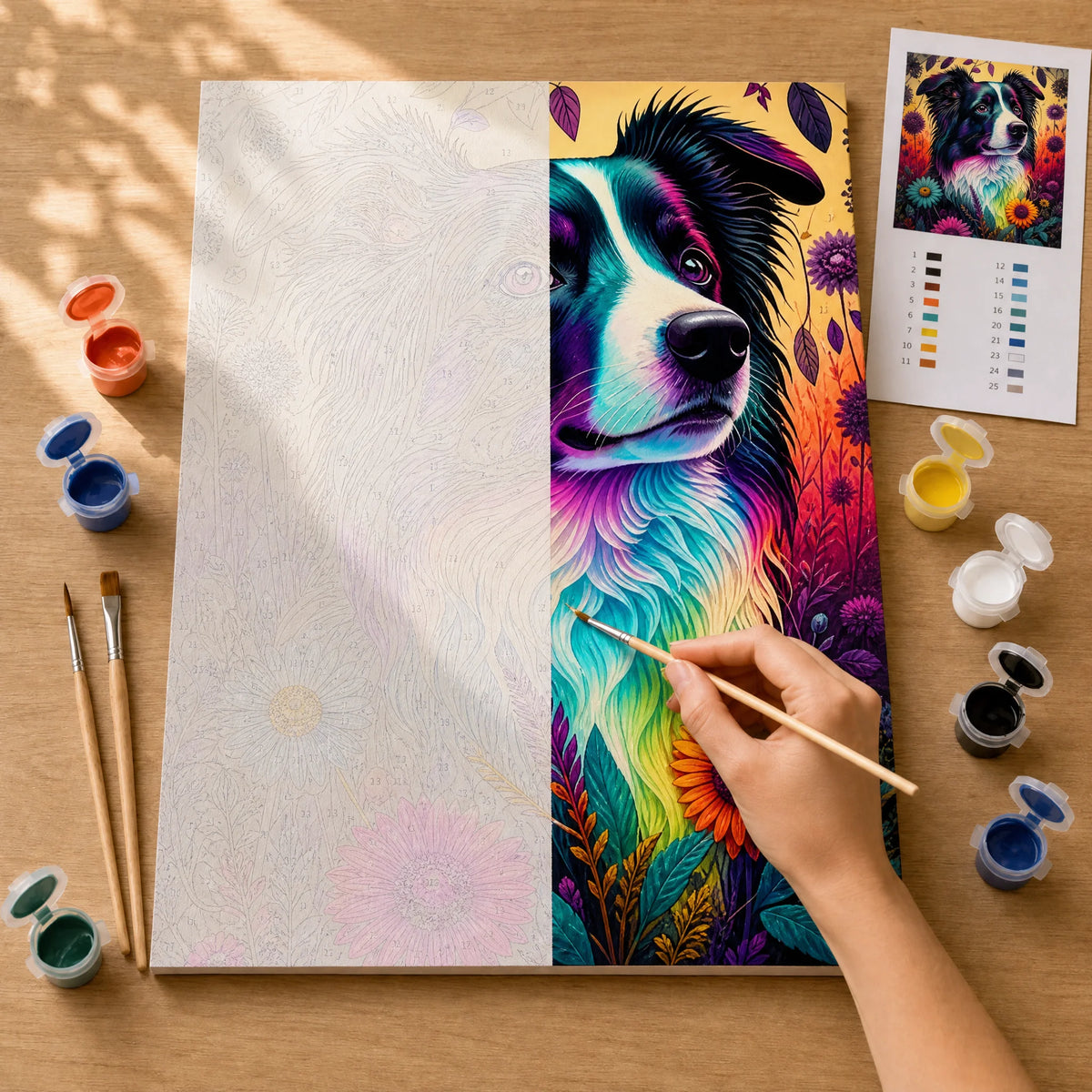Neon Collie Paint by Numbers Kit: before and after: numbered canvas and hand painted result