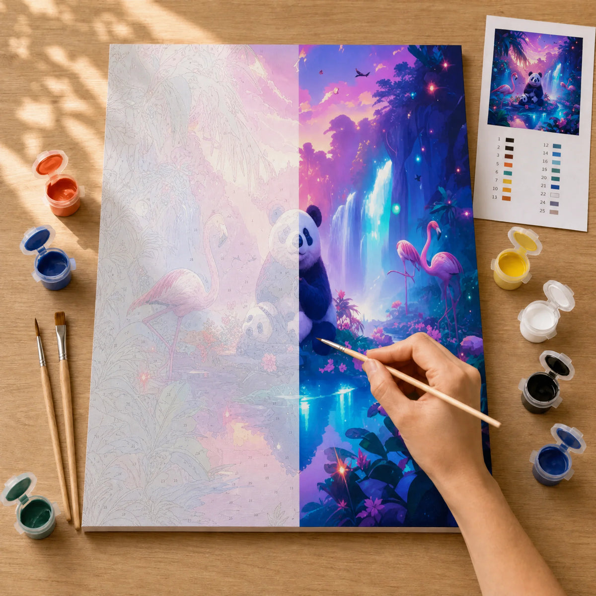 Neon Jungle Panda Paint by Numbers Kit: before and after: numbered canvas and hand painted result