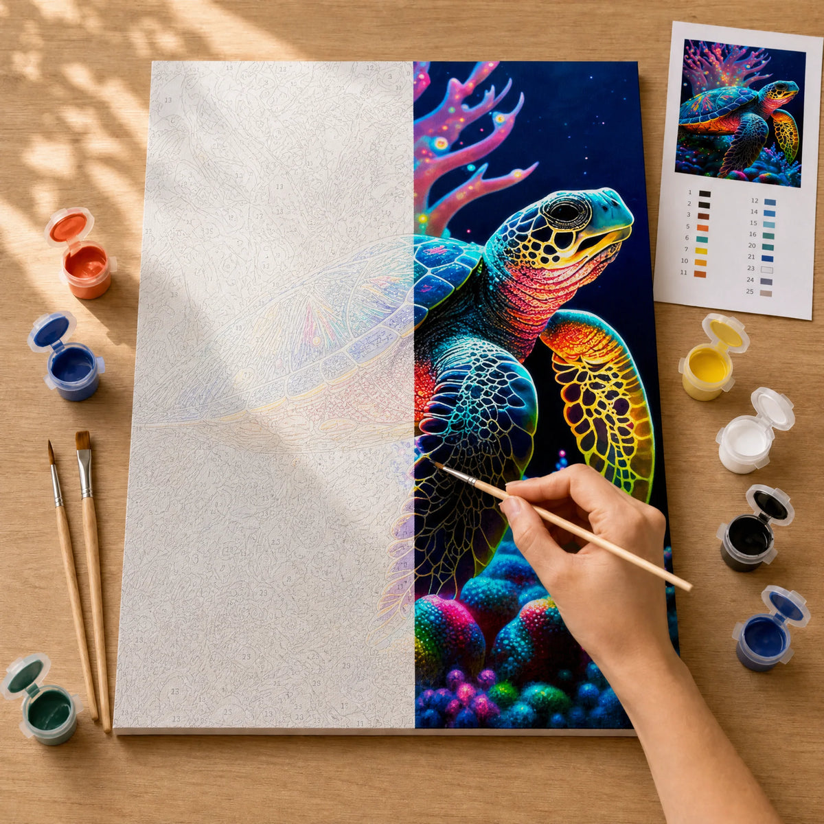 Neon Sea Turtle Paint by Numbers Kit: before and after: numbered canvas and hand painted result