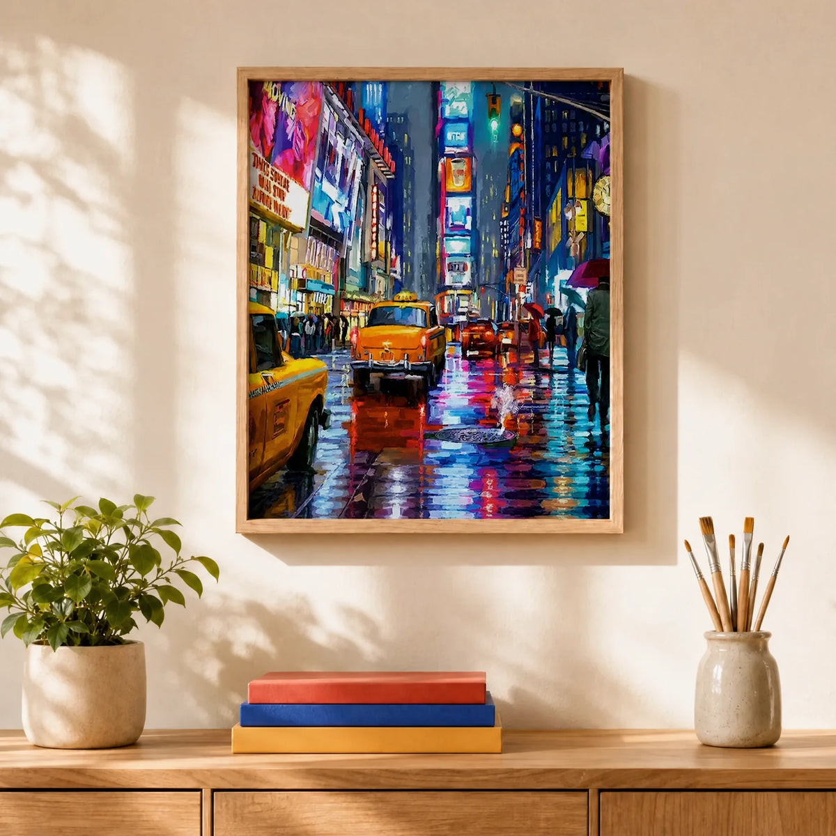 New York Neon Rain Paint by Numbers Kit: finished canvas displayed in a living room