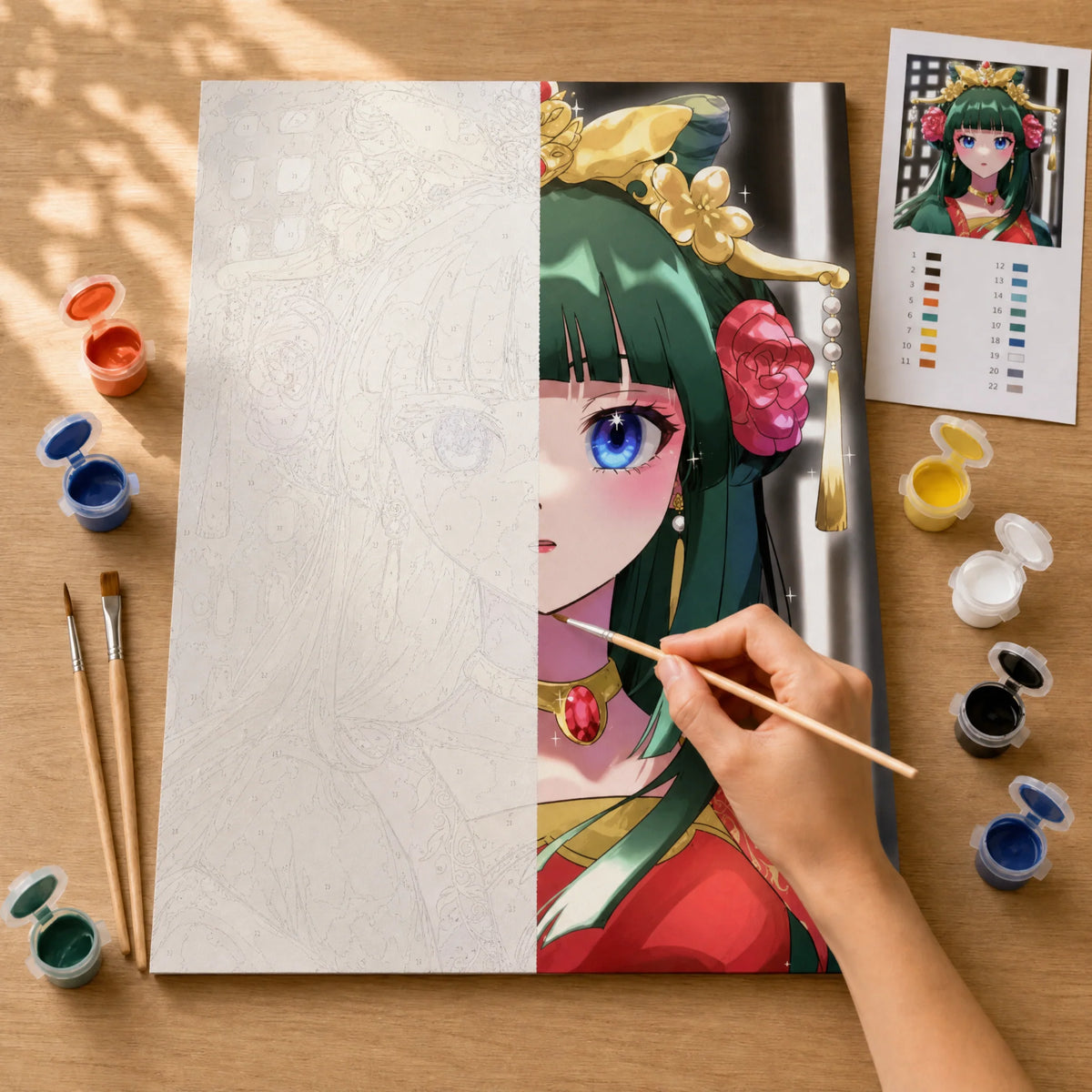 Palace Maiden Paint by Numbers Kit: before and after: numbered canvas and hand painted result